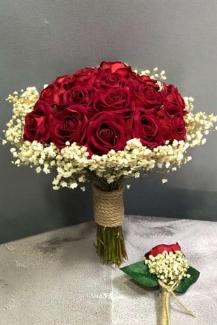 Kırmızı Kadife Güllü Gelin Buketi