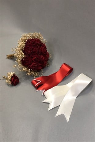 Kırmızı Kadife Güllü Gelin Çiçeği ve Takı Kurdelesi