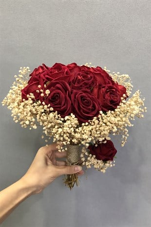 Kırmızı Kadife Güllü Gelin Çiçeği ve Takı Kurdelesi