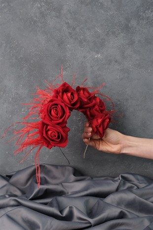 Feathered Design Bridal Henna Crown with Red Velvet Roses