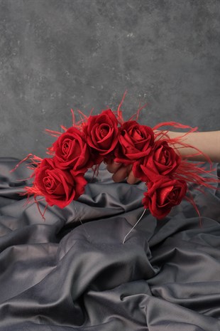 Feathered Design Bridal Henna Crown with Red Velvet Roses