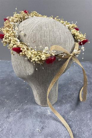 Kırmızı Krem Cipsolu İncili Ve Pamuk Otlu Gelin Dış Çekim Tacı