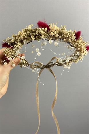 Kırmızı Krem Cipsolu İncili Ve Pamuk Otlu Gelin Dış Çekim Tacı