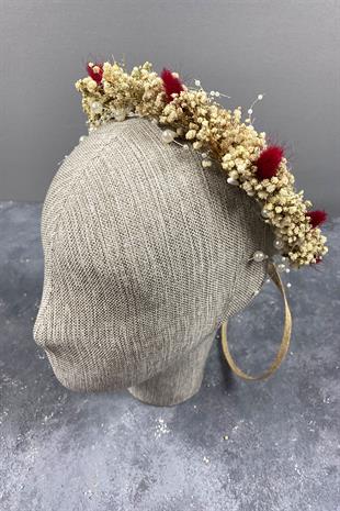 Kırmızı Krem Cipsolu İncili Ve Pamuk Otlu Gelin Dış Çekim Tacı