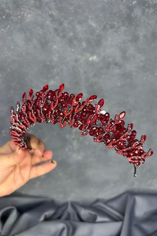 Kırmızı Kristal Boncuk İşlemeli Buğlem Gelin Tacı