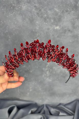 Kırmızı Kristal Boncuk İşlemeli Buğlem Gelin Tacı
