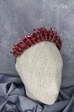 Kırmızı Kristal Boncuk İşlemeli Buğlem Gelin Tacı