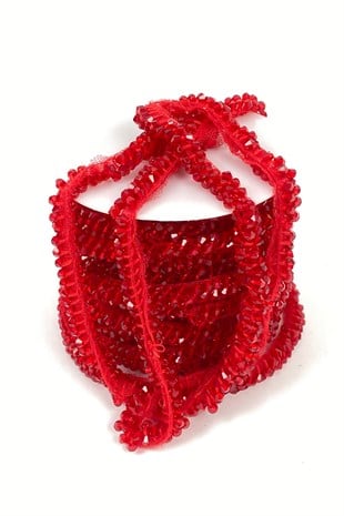 Kırmızı Kristal Boncuk İşlemeli Şerit