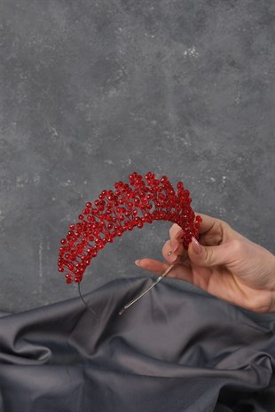 Kırmızı Kristal Boncuklu Aren Gelin Kına Tacı