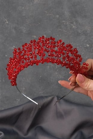 Kırmızı Kristal Boncuklu Aren Gelin Kına Tacı
