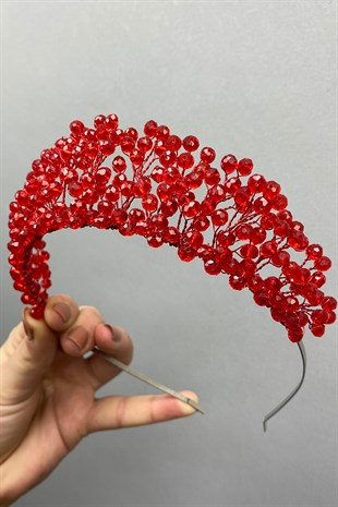 Kırmızı Kristal Boncuklu Aren Gelin ve Kına Tacı