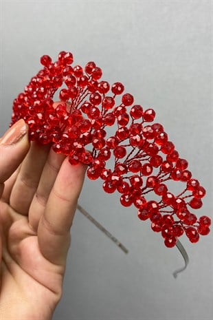 Kırmızı Kristal Boncuklu Aren Gelin ve Kına Tacı