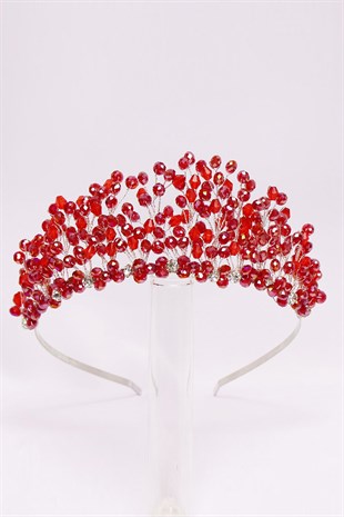 Kristal Kırmızı Boncuklu Gelin Tacı