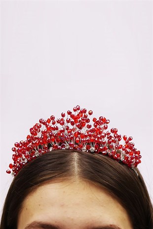 Kristal Kırmızı Boncuklu Gelin Tacı