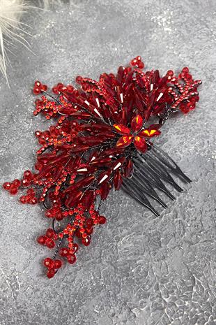 Red Crystal Embroidered Side Comb Hairclip Bridal Hair Accessory