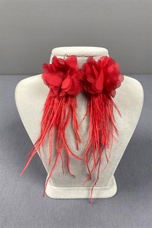 Red Laser Flower Ostrich Feather Earrings