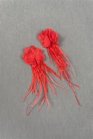 Red Laser Flower Ostrich Feather Earrings
