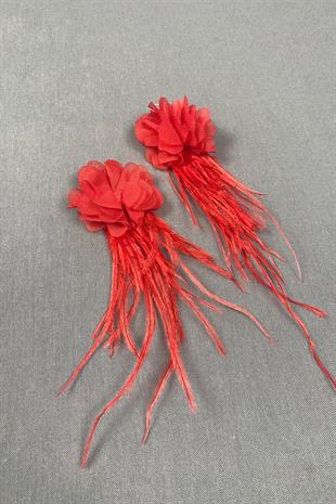 Red Laser Flower Ostrich Feather Earrings