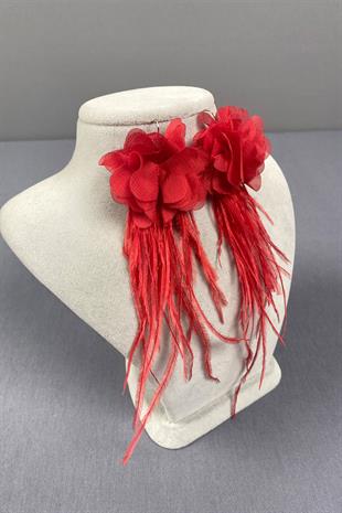 Red Laser Flower Ostrich Feather Earrings