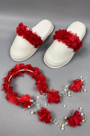 Red Laser Flowered Pearl Crown and Postpartum Slippers Set