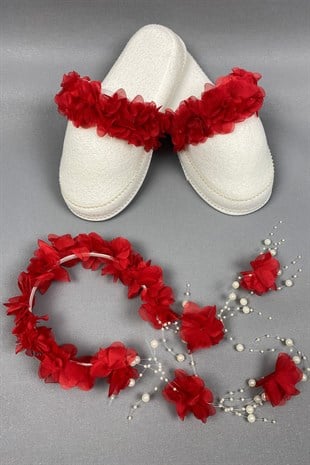 Red Laser Flowered Pearl Crown and Postpartum Slippers Set