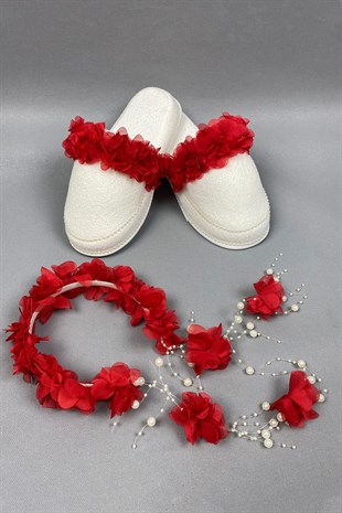 Red Laser Flowered Pearl Crown and Postpartum Slippers Set