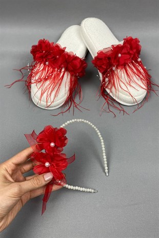 Red Laser Flowered Pearl Crown and Feathered Postpartum Slippers Set