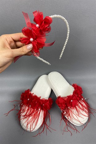 Red Laser Flowered Pearl Crown and Feathered Postpartum Slippers Set