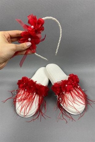 Red Laser Flowered Pearl Crown and Feathered Postpartum Slippers Set