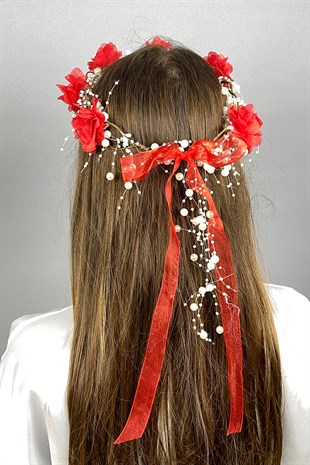 Kırmızı Lazer Çiçekli Özel Tasarım Nedime Tacı 