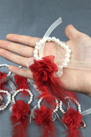 Red Laser Flower Feather Bridesmaid Bracelet Set