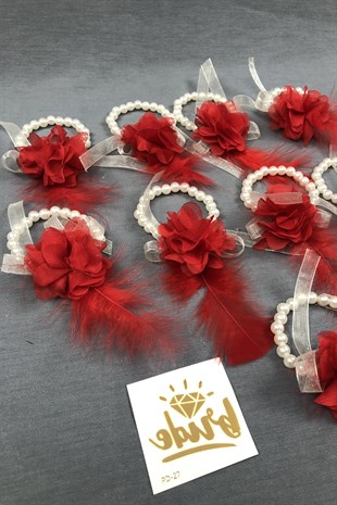 Red Laser Flower Feather Bridesmaid Bracelet Set