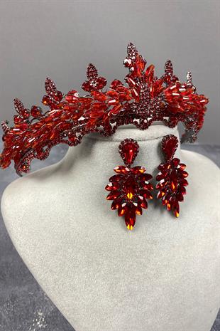 Bridal Henna Crown And Earring Set With Red Lena Crystal