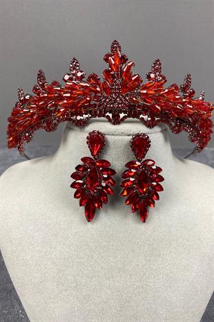 Bridal Henna Crown And Earring Set With Red Lena Crystal