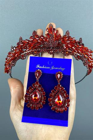 Red Lena Crystal Bridal Henna Crown And Stone Earring Set