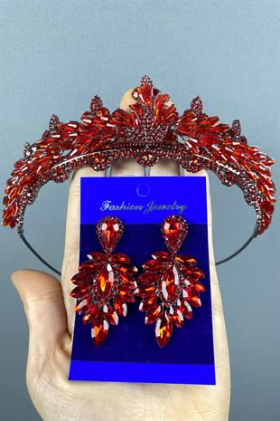 Bridal Henna Crown And Earring Set With Red Lena Crystal