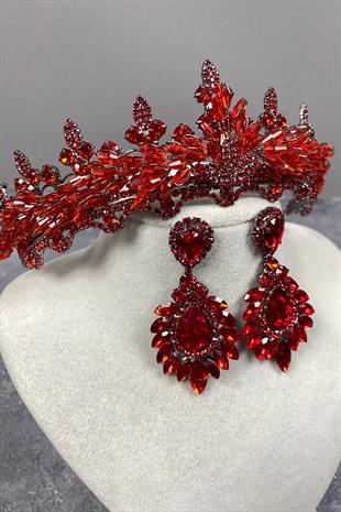 Red Lena Crystal Bridal Henna Crown And Stone Earring Set
