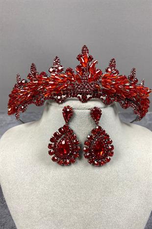 Red Lena Crystal Bridal Henna Crown And Stone Earring Set