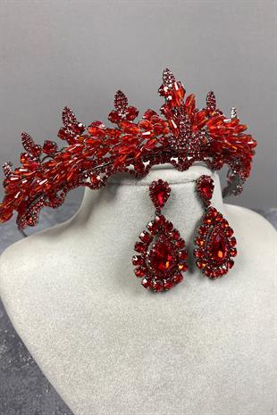Red Lena Crystal Bridal Henna Crown And Stone Earring Set