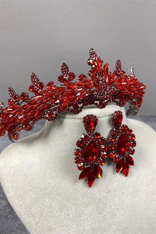 Red Lena Crystal Bridal Henna Tiara and Stud Earrings Set