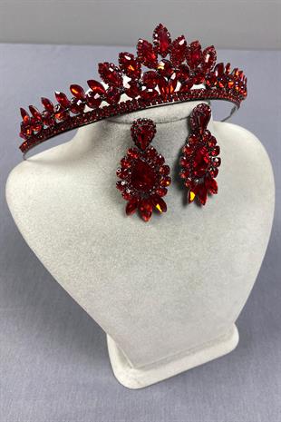 Red Leyn Bridal Henna Crown and Almond Shuttle Stone Earring Set
