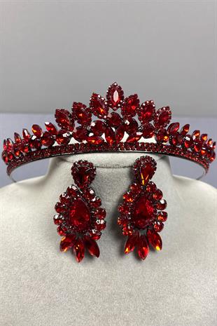 Red Leyn Bridal Henna Crown and Almond Shuttle Stone Earring Set