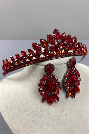 Red Leyn Bridal Henna Crown and Almond Shuttle Stone Earring Set