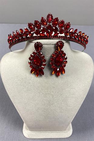 Red Leyn Bridal Henna Crown and Almond Shuttle Stone Earring Set