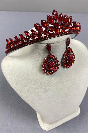 Red Leyn Bridal Henna Crown and Drop Stone Earring Set