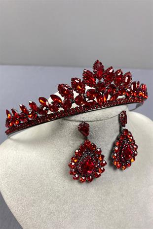 Red Leyn Bridal Henna Crown and Drop Stone Earring Set