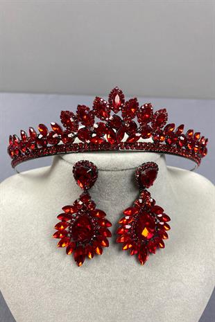 Red Leyn Bridal Henna Crown and Drop Shuttle Earring Set