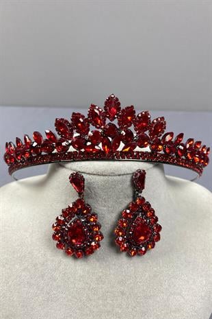 Red Leyn Bridal Henna Crown and Drop Stone Earring Set