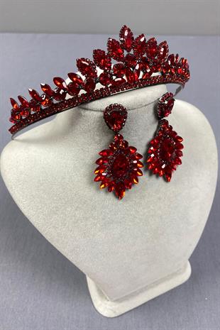 Red Leyn Bridal Henna Crown and Drop Shuttle Earring Set