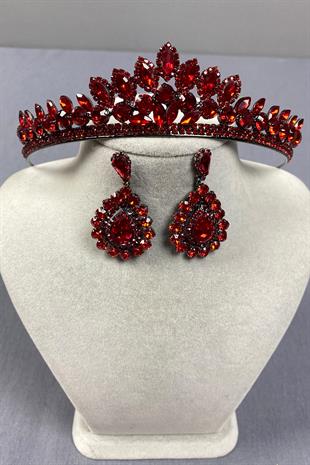 Red Leyn Bridal Henna Crown and Drop Stone Earring Set